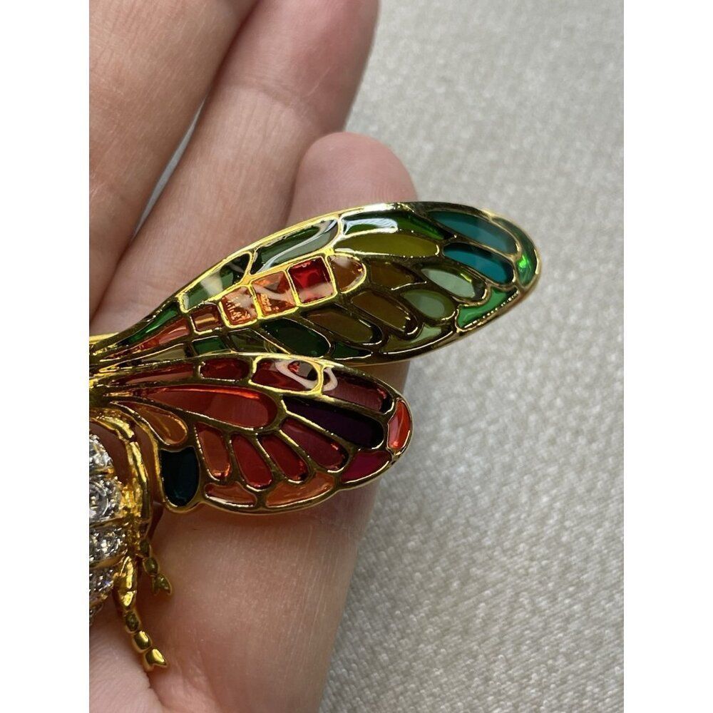 Vintage Joan Rivers Plique A Jour Stain Glass Enamel Crystal Cicada Bug Brooch - Picture 4 of 13